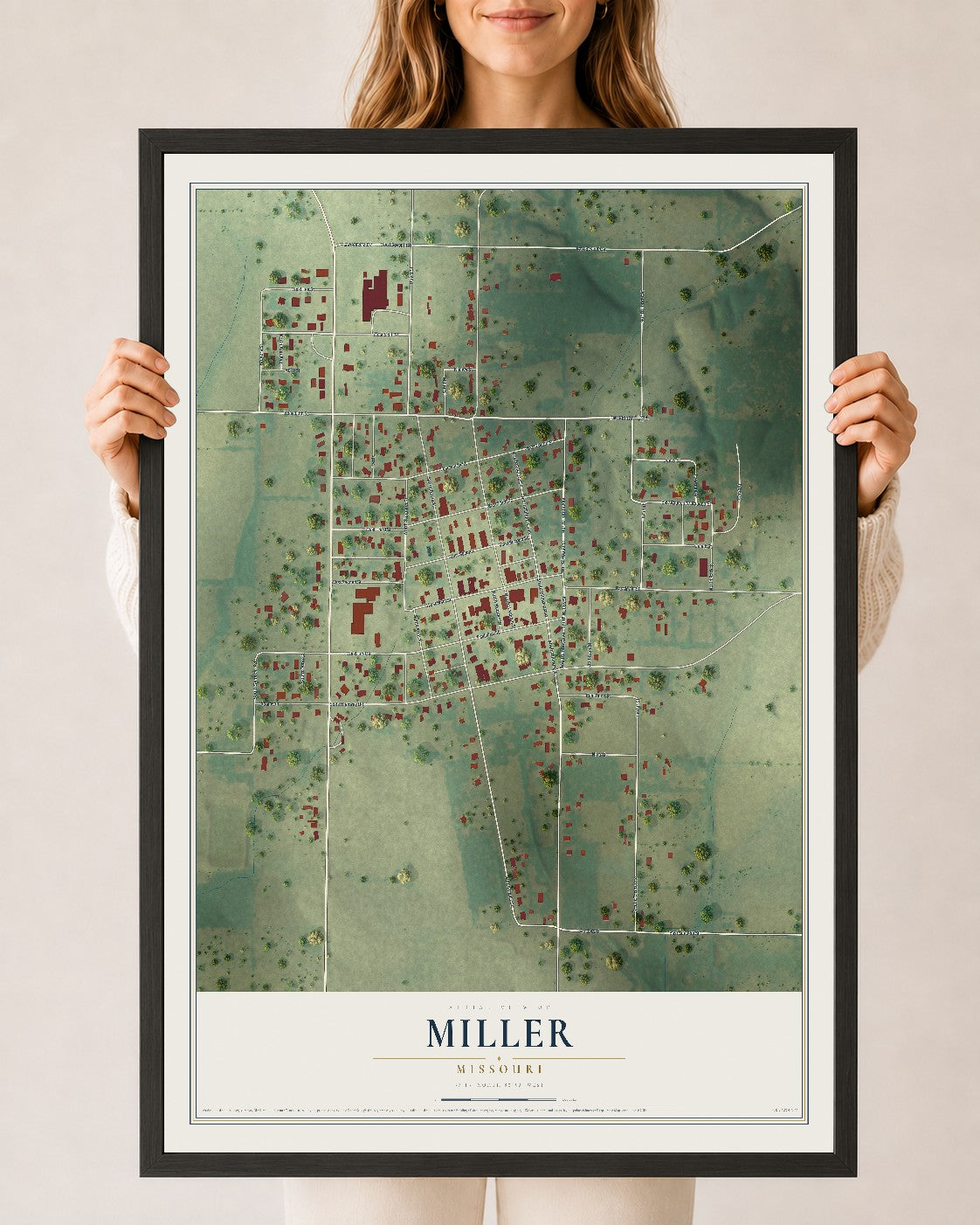 Map of Miller, Missouri, 24 x 36 inch print in a black wood frame