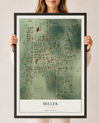 Map of Miller, Missouri, 24 x 36 inch print in a black wood frame