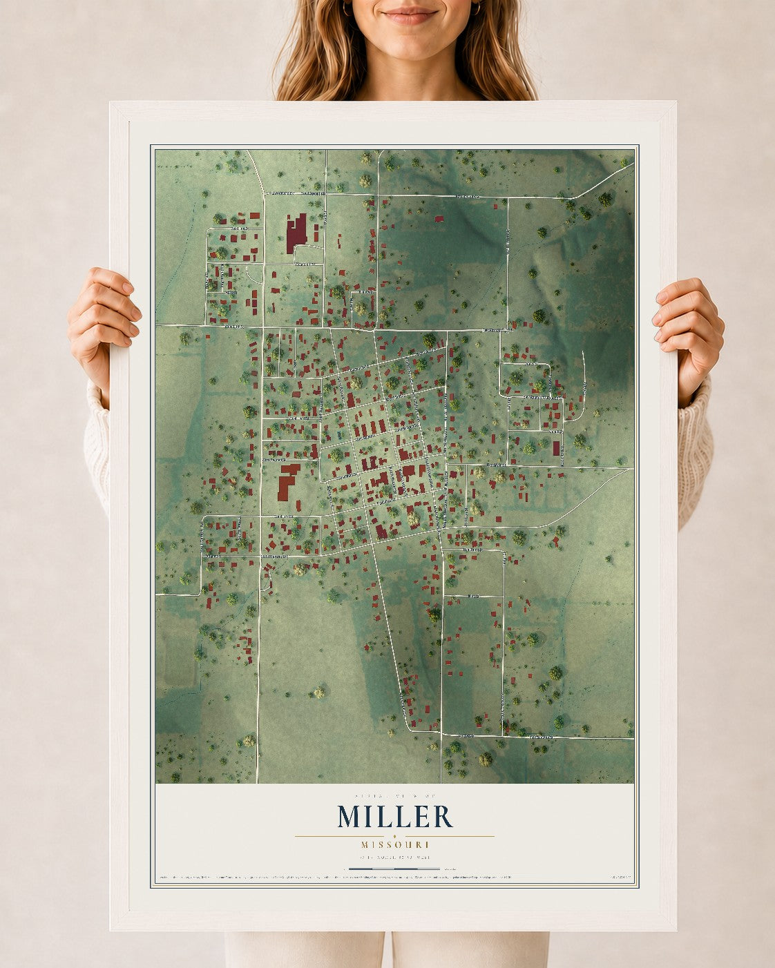 Map of Miller, Missouri, 24 x 36 inch print in a white wood frame