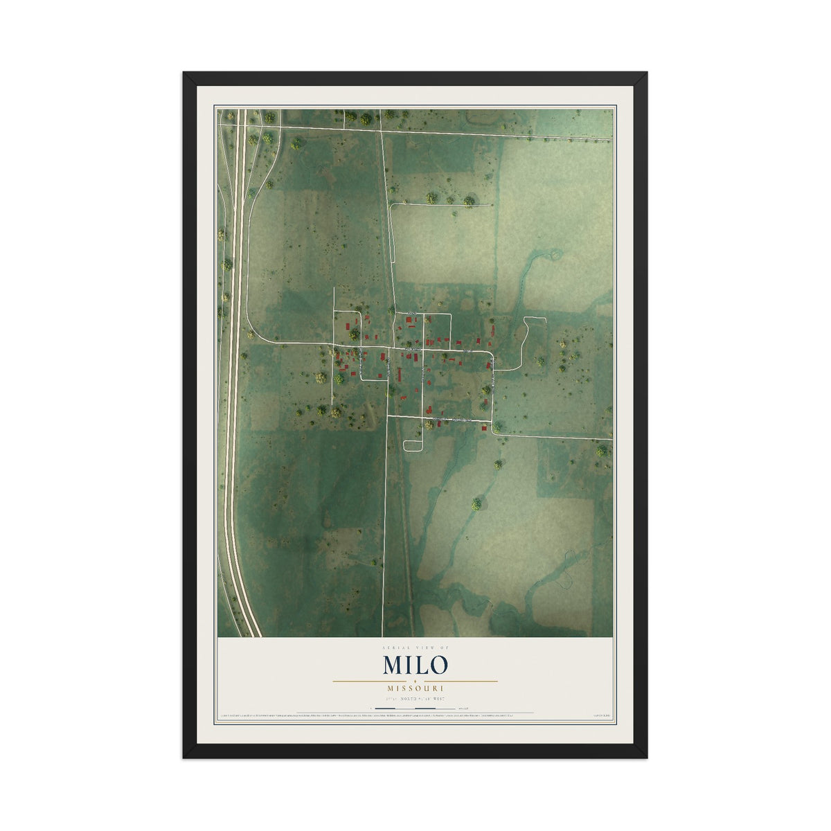 Map of Milo, Missouri, 12 x 18 inch print in a black wood frame