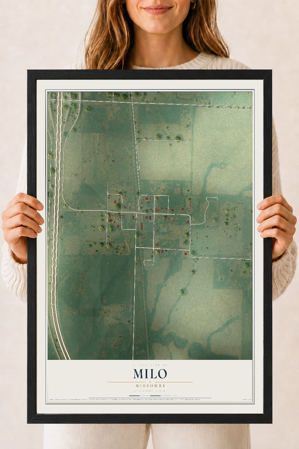 Map of Milo, Missouri, 18 x 24 inch print in a black wood frame