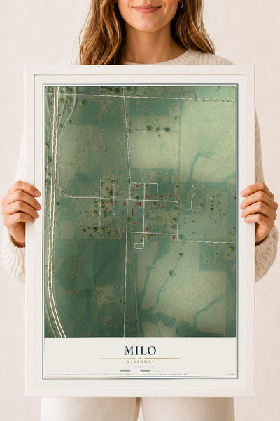 Map of Milo, Missouri, 18 x 24 inch print in a white wood frame