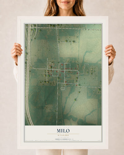 Map of Milo, Missouri, 24 x 36 inch print in a white wood frame