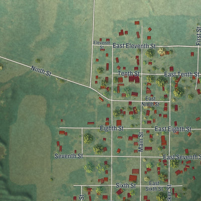 Close-up of the map of Mindenmines, Missouri print showing street and building detail
