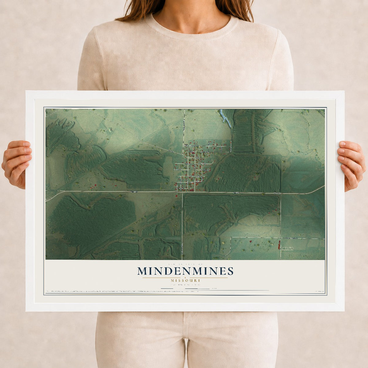 Map of Mindenmines, Missouri, 12 x 18 inch print in a white wood frame