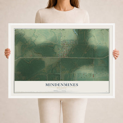 Map of Mindenmines, Missouri, 24 x 36 inch print in a white wood frame