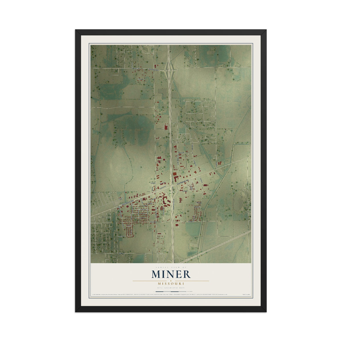 Map of Miner, Missouri, 12 x 18 inch print in a black wood frame
