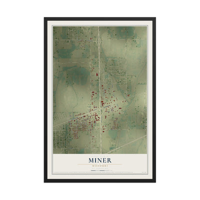 Map of Miner, Missouri, 12 x 18 inch print in a black wood frame