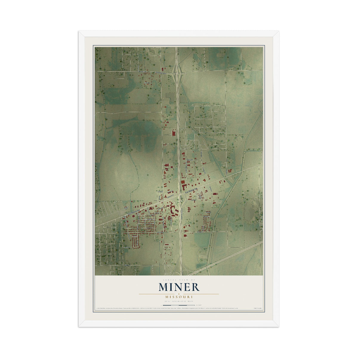 Map of Miner, Missouri, 12 x 18 inch print in a white wood frame