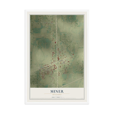 Map of Miner, Missouri, 12 x 18 inch print in a white wood frame