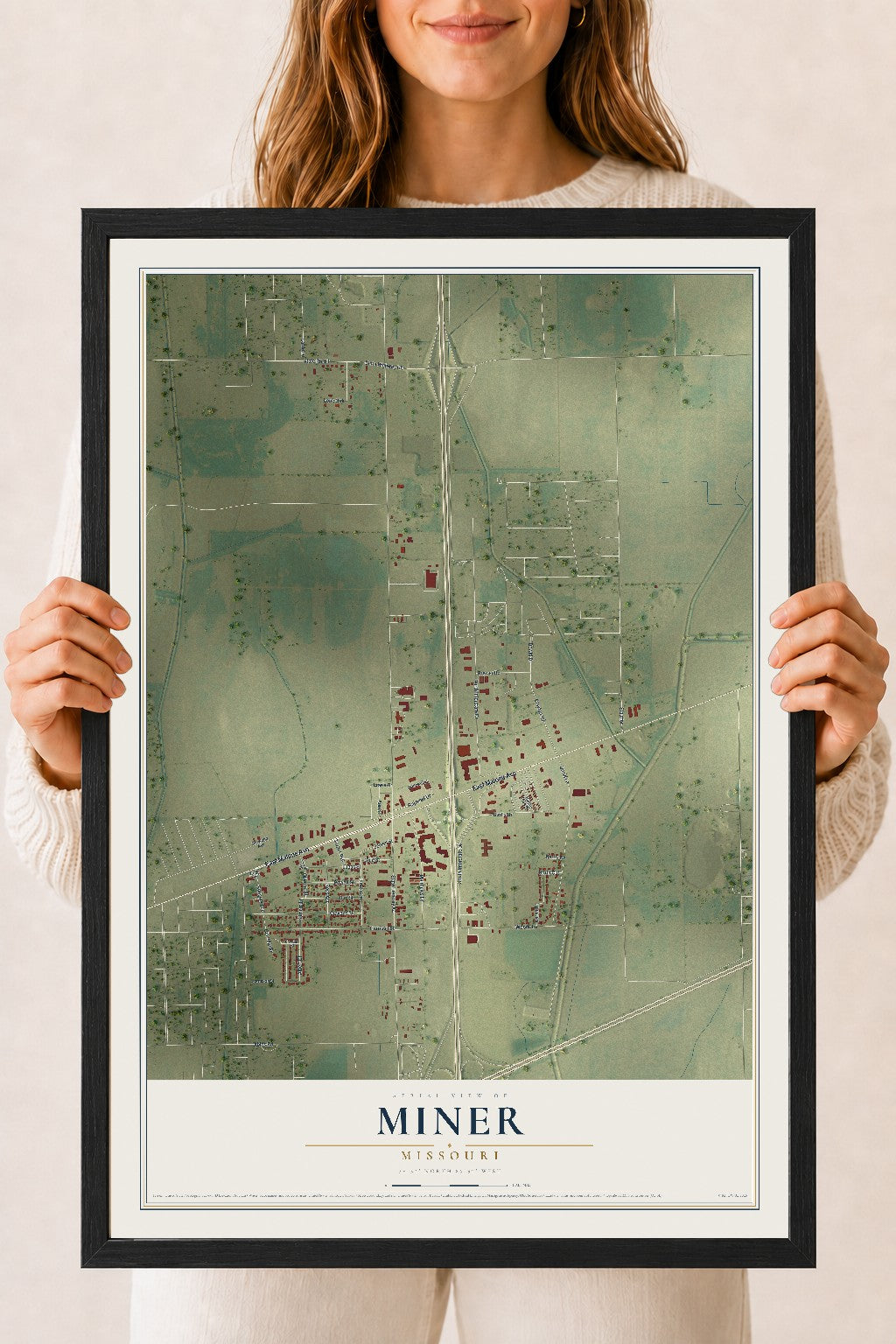 Map of Miner, Missouri, 18 x 24 inch print in a black wood frame