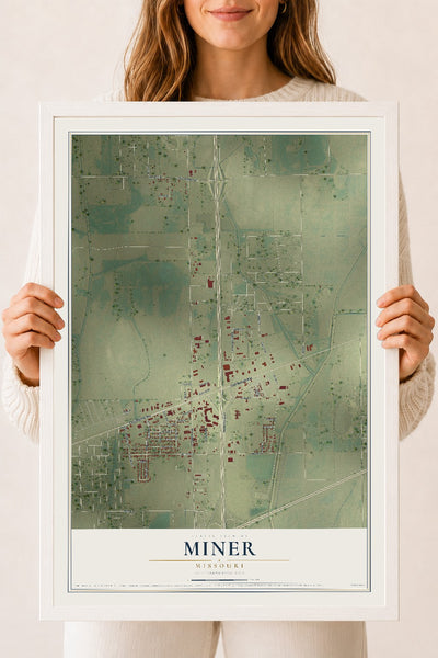 Map of Miner, Missouri, 18 x 24 inch print in a white wood frame