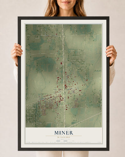 Map of Miner, Missouri, 24 x 36 inch print in a black wood frame