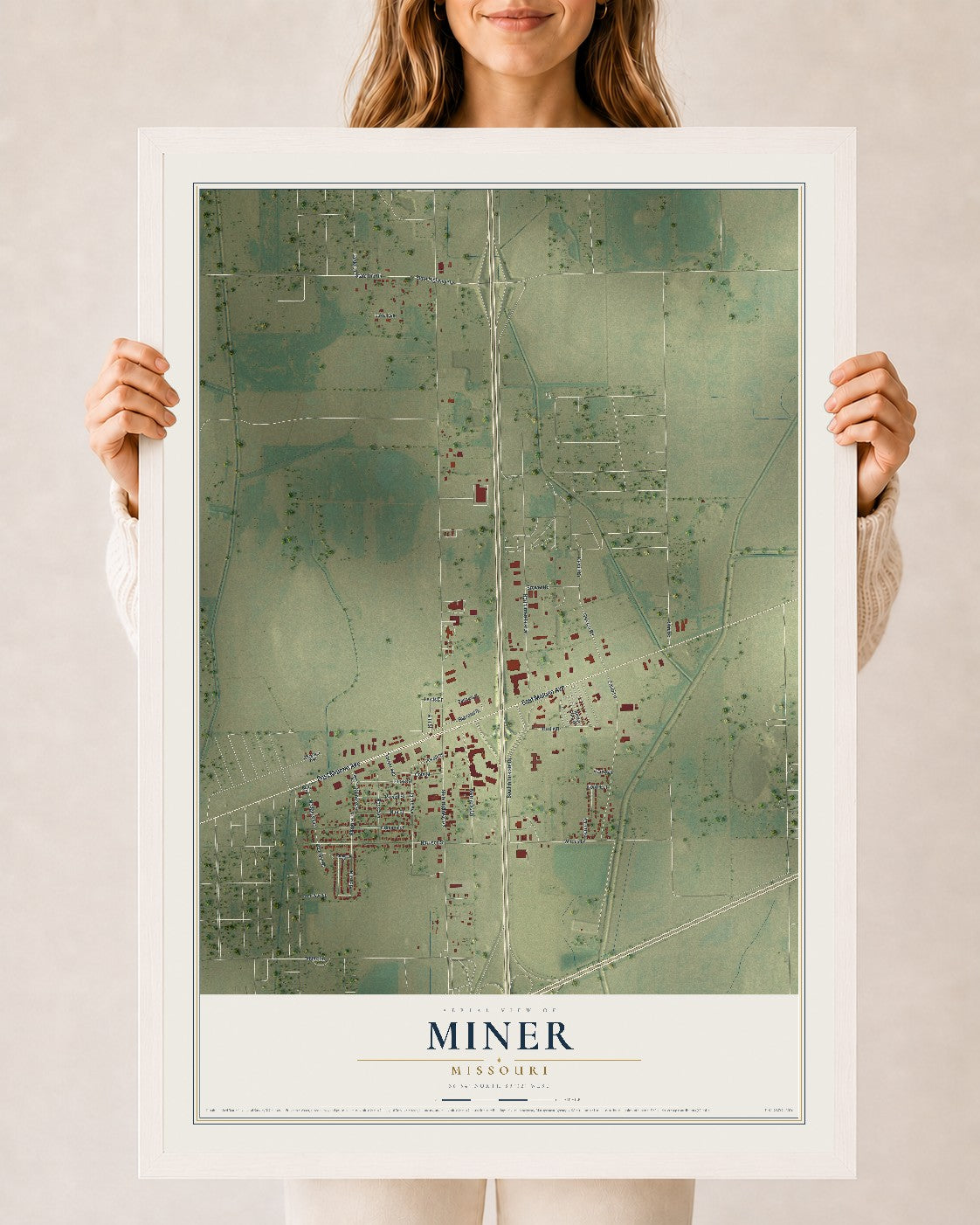 Map of Miner, Missouri, 24 x 36 inch print in a white wood frame