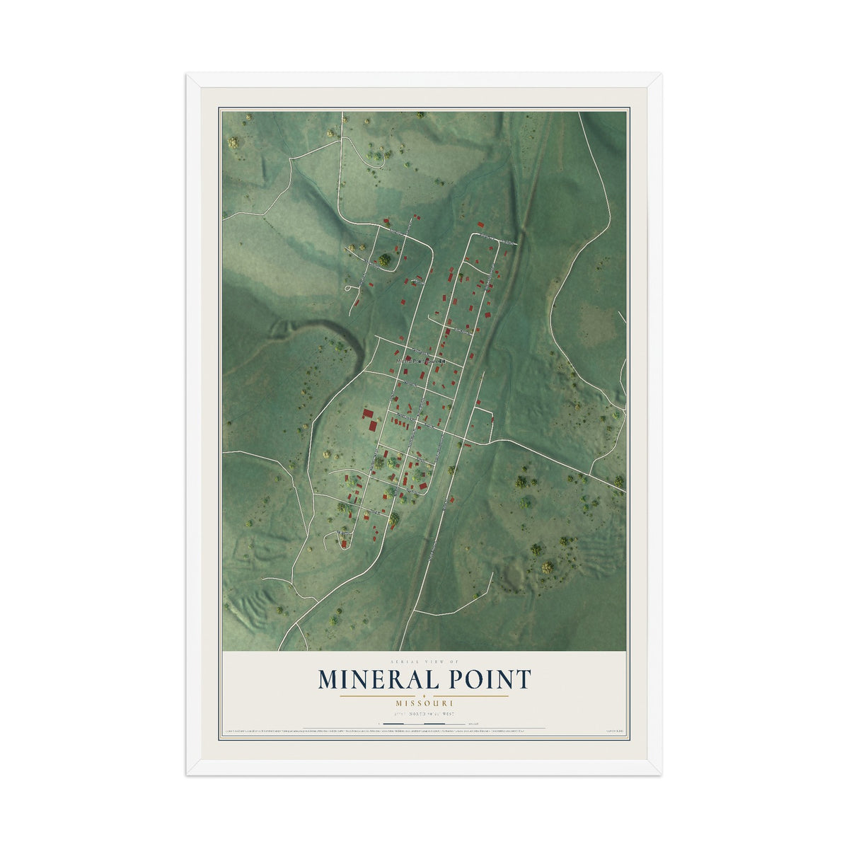 Map of Mineral Point, Missouri, 12 x 18 inch print in a white wood frame
