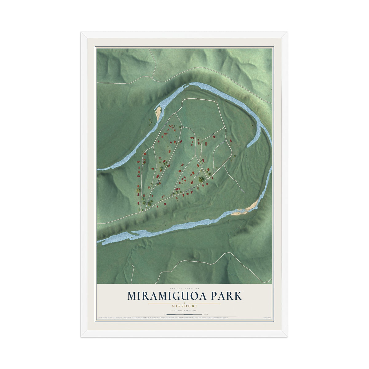 Map of Miramiguoa Park, Missouri, 12 x 18 inch print in a white wood frame