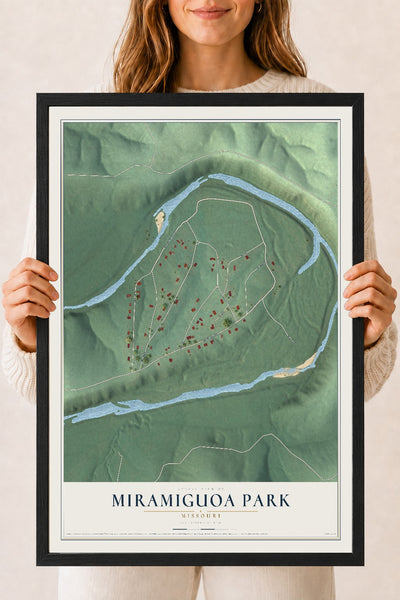 Map of Miramiguoa Park, Missouri, 18 x 24 inch print in a black wood frame