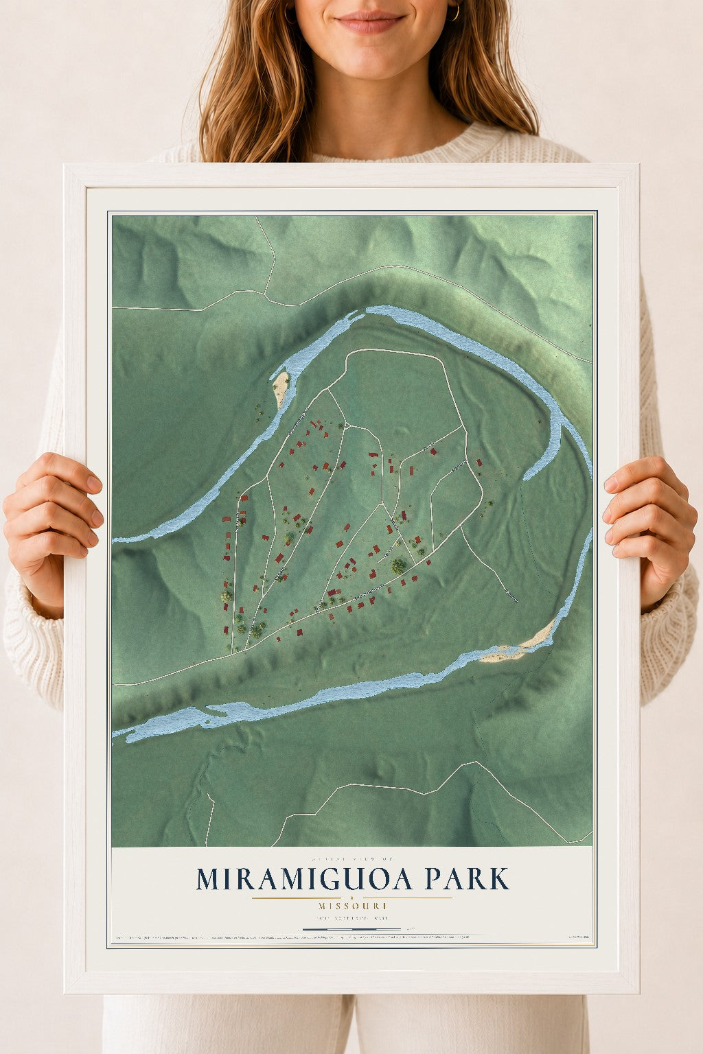 Map of Miramiguoa Park, Missouri, 18 x 24 inch print in a white wood frame