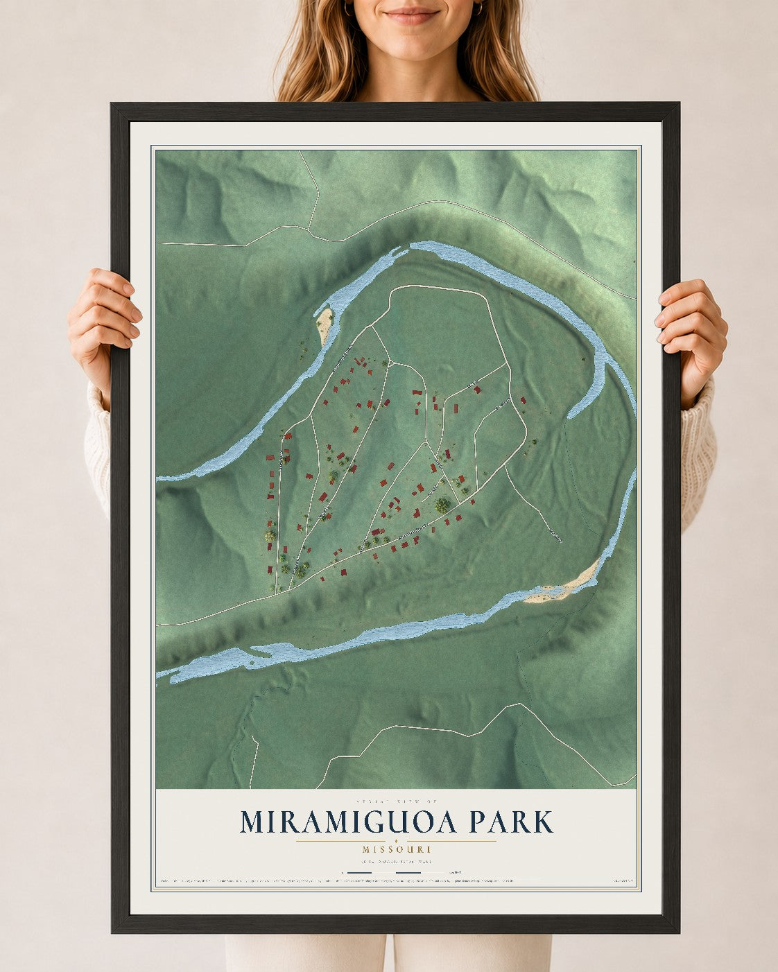 Map of Miramiguoa Park, Missouri, 24 x 36 inch print in a black wood frame