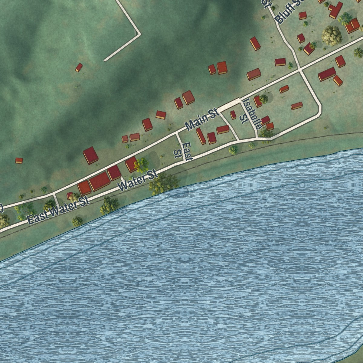 Second close-up of the map of Missouri City, Missouri print showing more streets and buildings