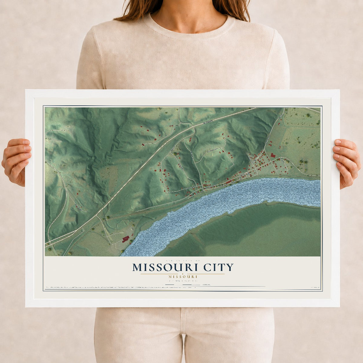 Map of Missouri City, Missouri, 12 x 18 inch print in a white wood frame
