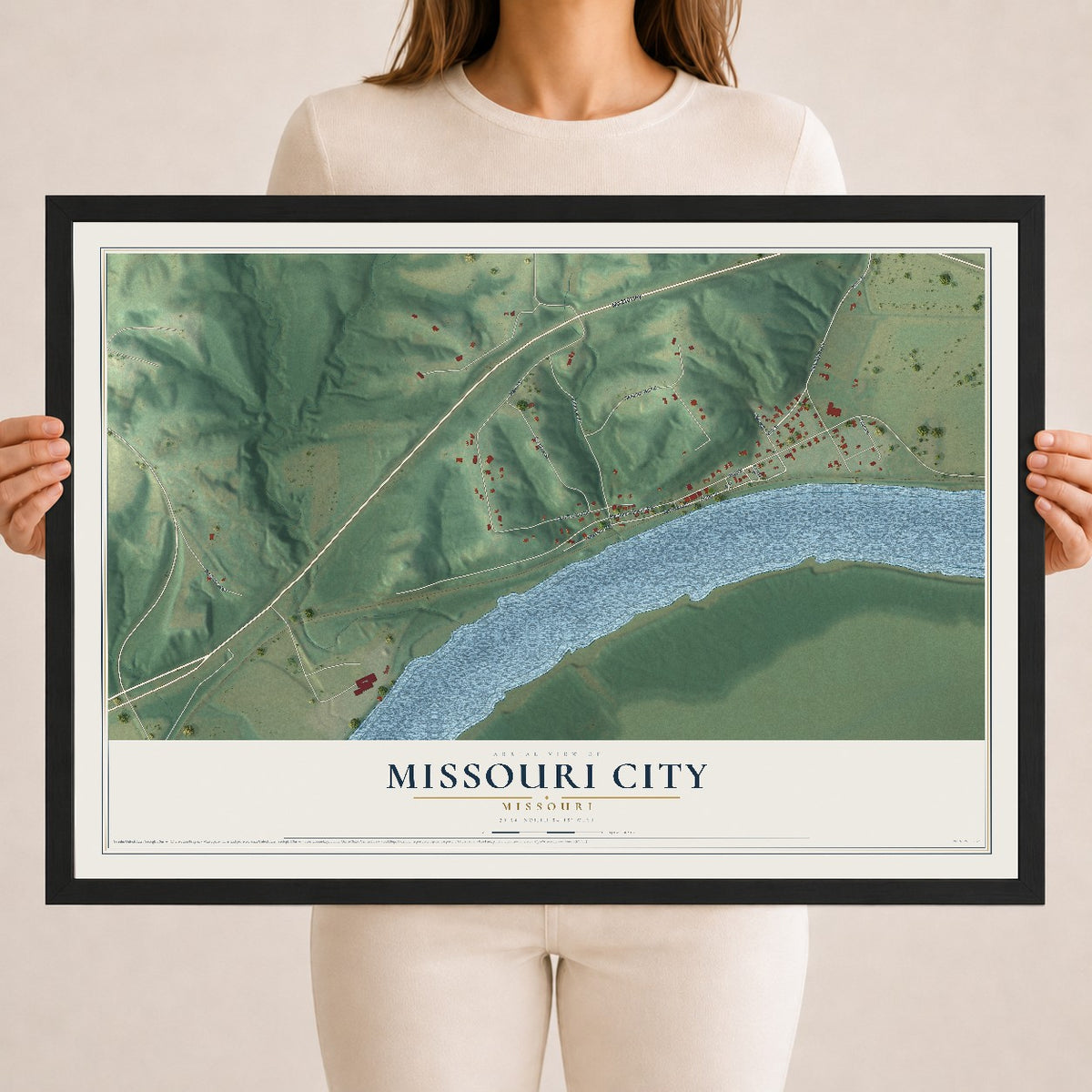 Map of Missouri City, Missouri, 18 x 24 inch print in a black wood frame