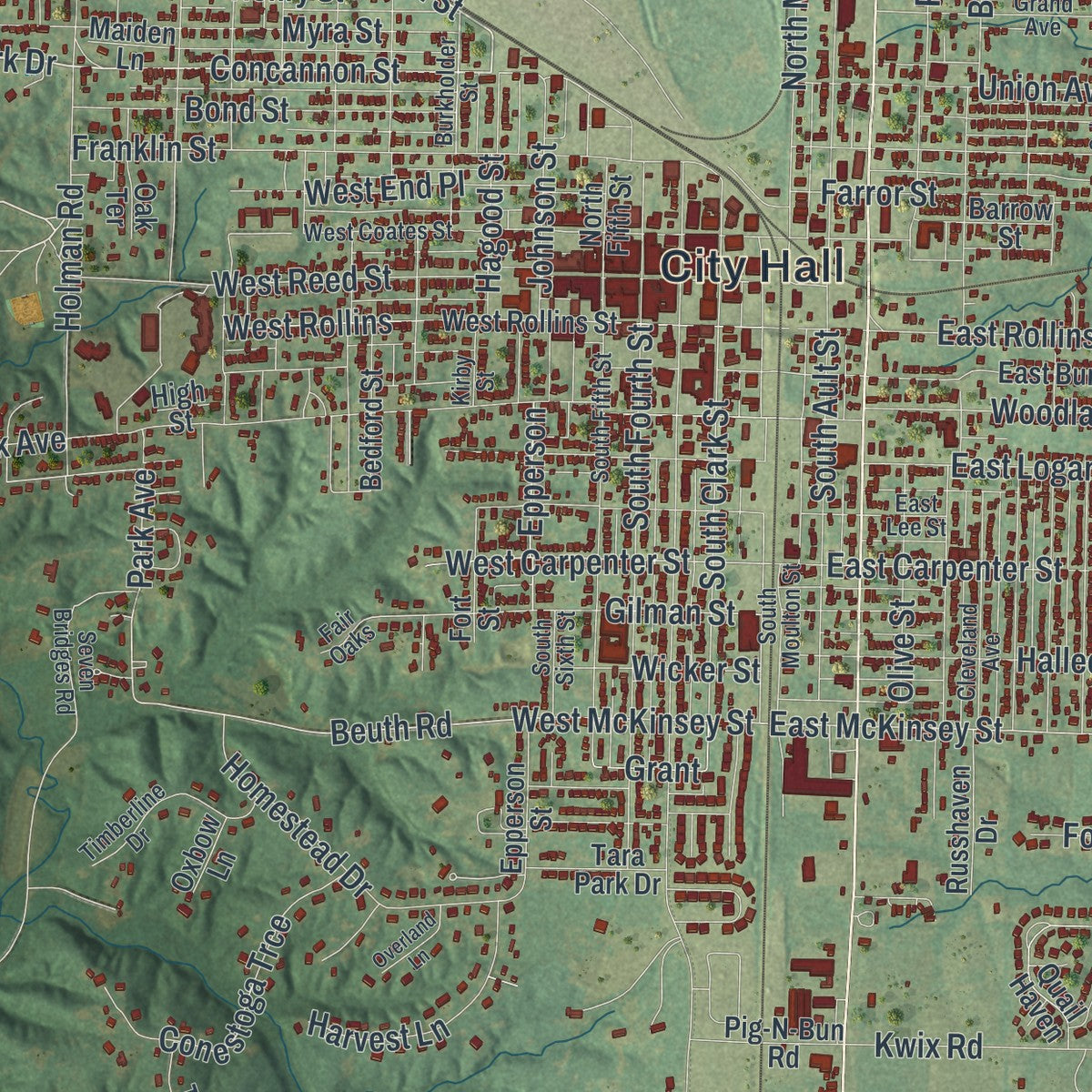 Close-up of the map of Moberly, Missouri print showing street and building detail