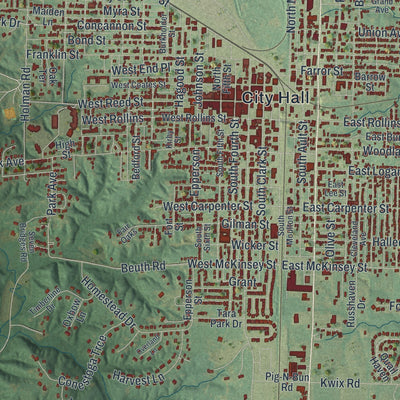 Close-up of the map of Moberly, Missouri print showing street and building detail