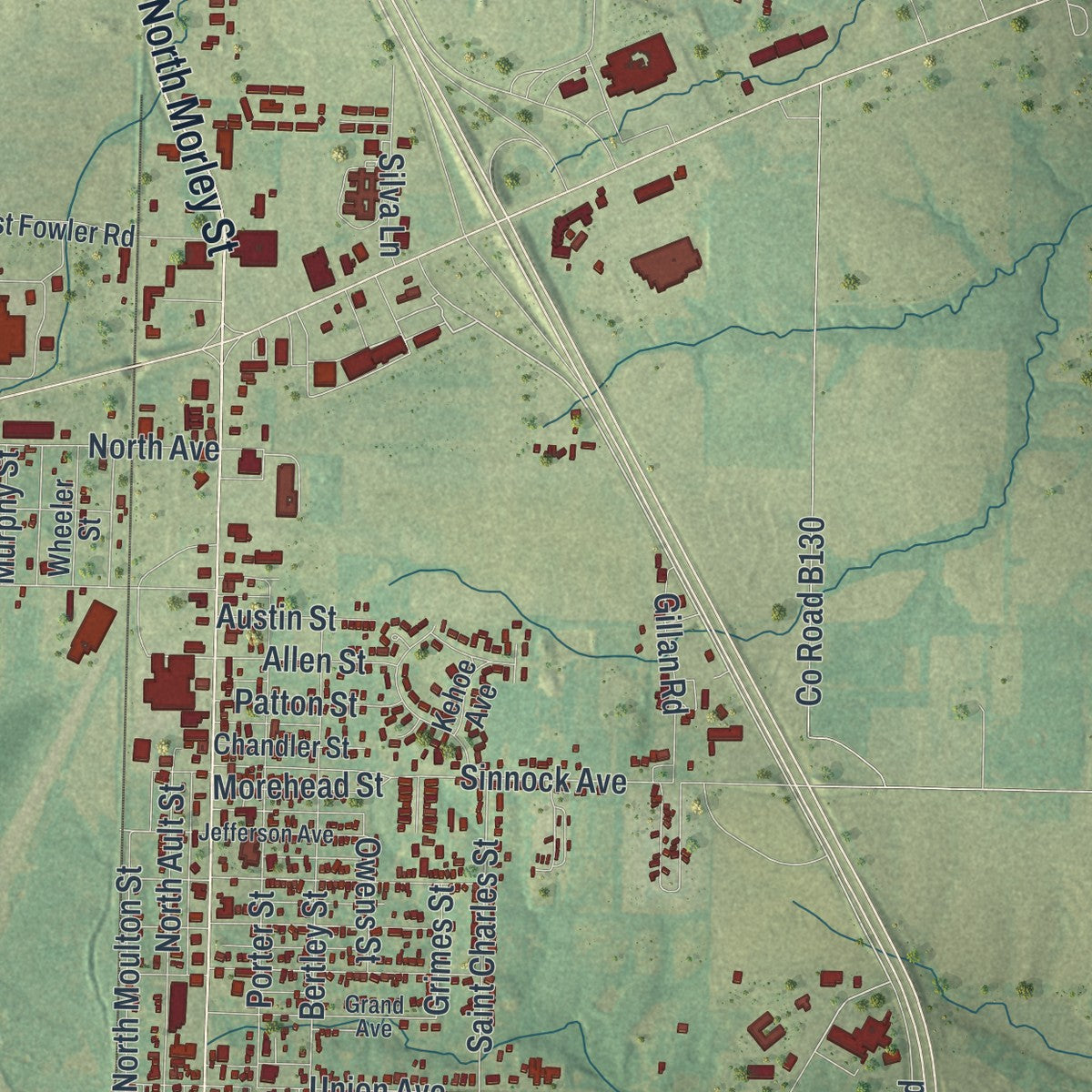Second close-up of the map of Moberly, Missouri print showing more streets and buildings