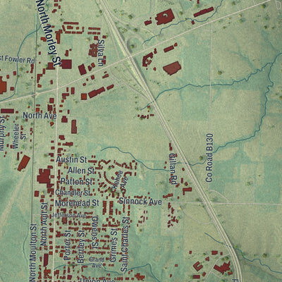 Second close-up of the map of Moberly, Missouri print showing more streets and buildings