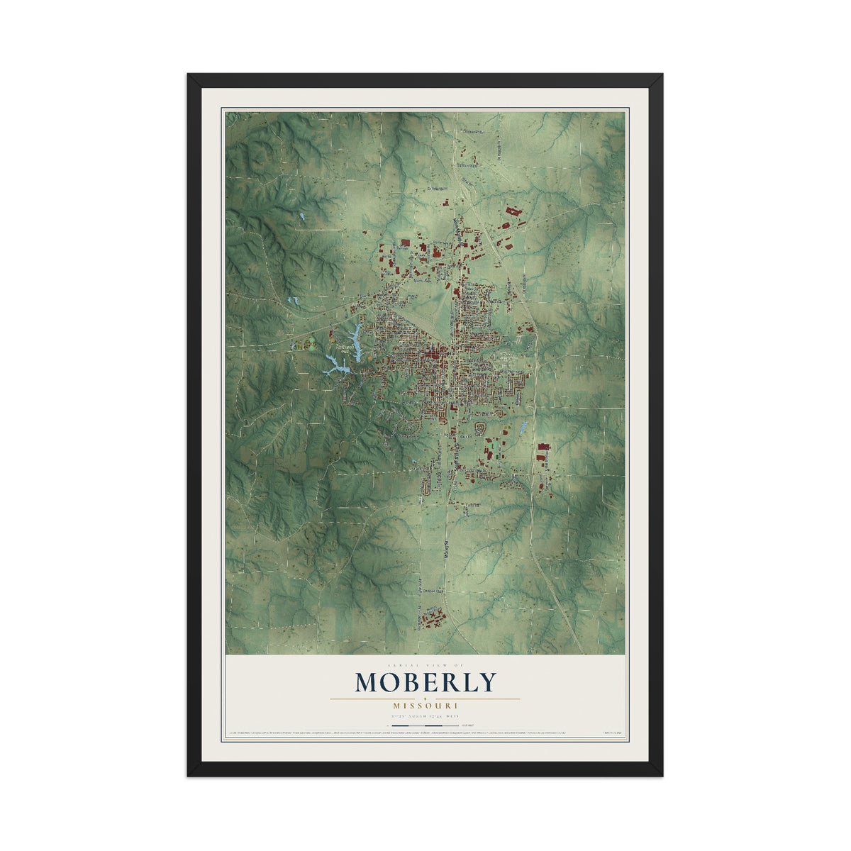 Map of Moberly, Missouri, 12 x 18 inch print in a black wood frame