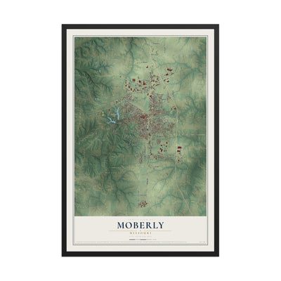 Map of Moberly, Missouri, 12 x 18 inch print in a black wood frame