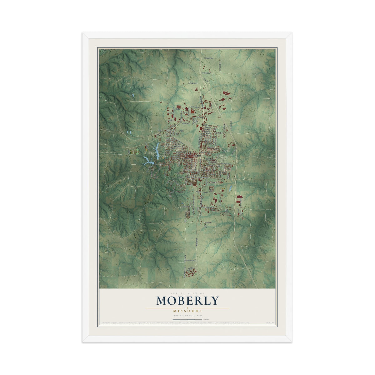 Map of Moberly, Missouri, 12 x 18 inch print in a white wood frame