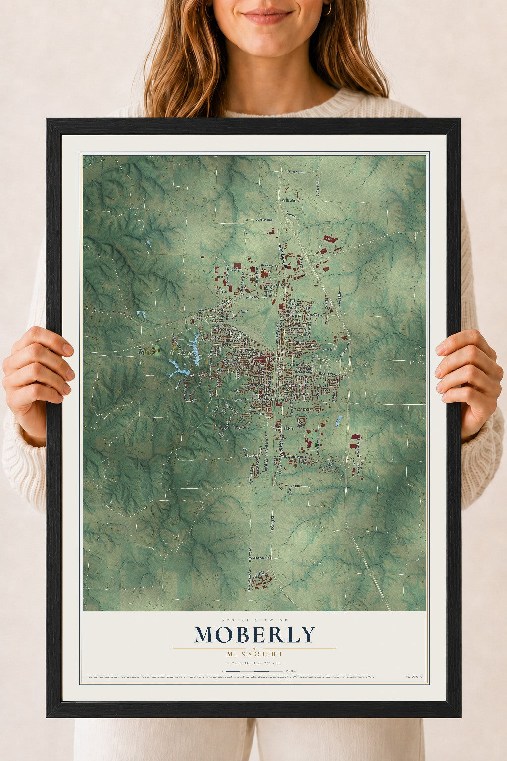 Map of Moberly, Missouri, 18 x 24 inch print in a black wood frame