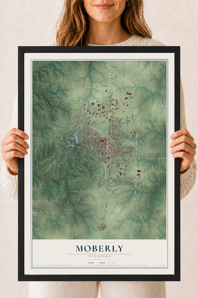 Map of Moberly, Missouri, 18 x 24 inch print in a black wood frame