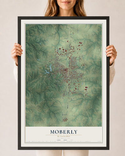 Map of Moberly, Missouri, 24 x 36 inch print in a black wood frame