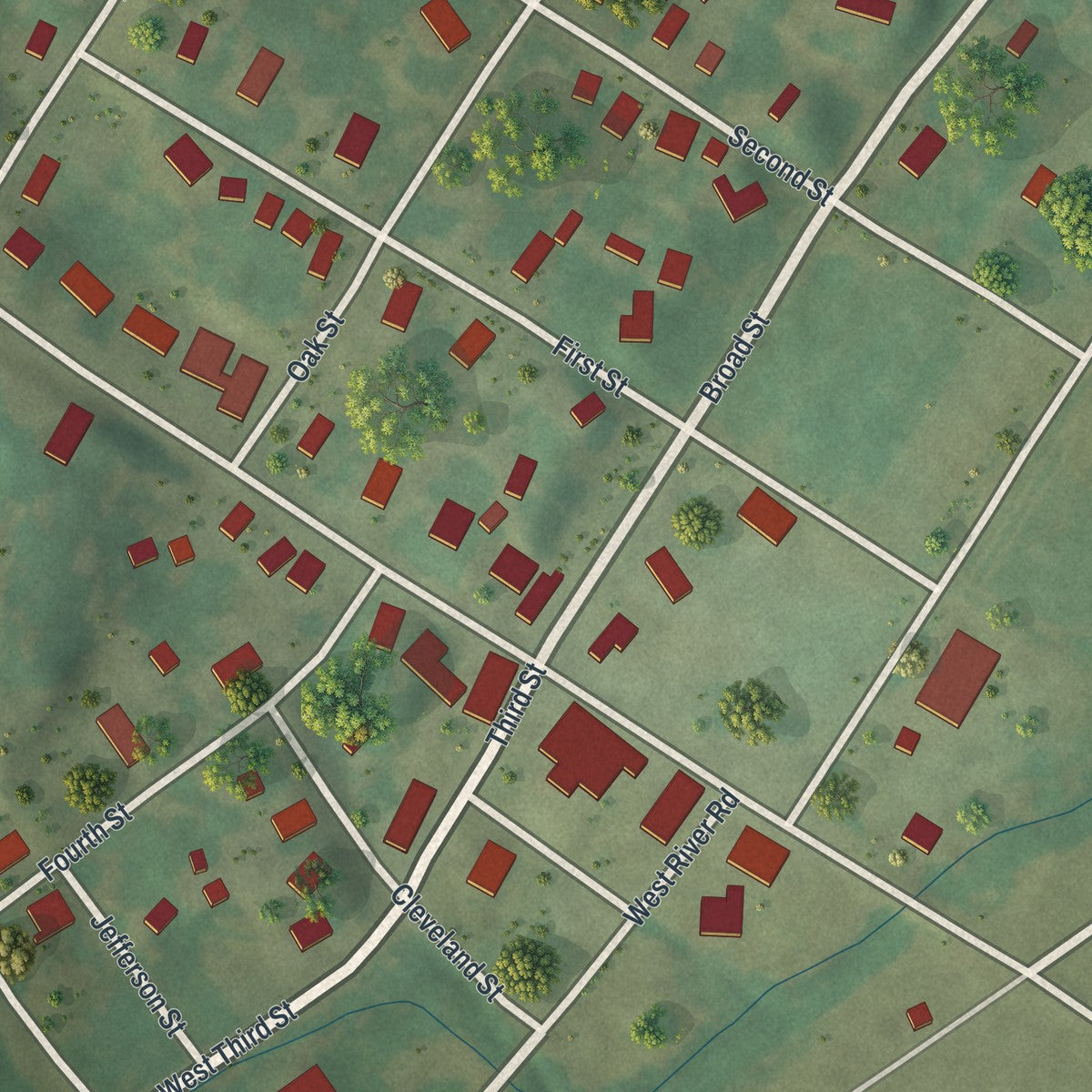 Close-up of the map of Mokane, Missouri print showing street and building detail