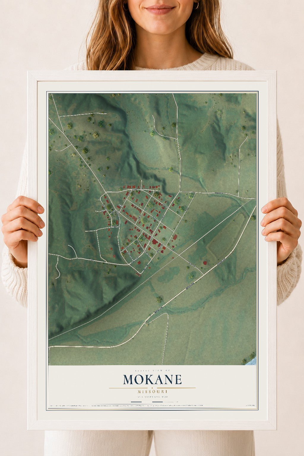 Map of Mokane, Missouri, 18 x 24 inch print in a white wood frame