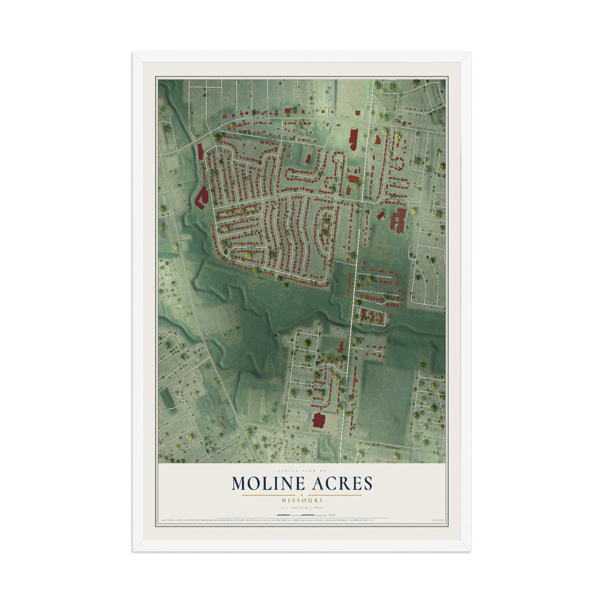 Map of Moline Acres, Missouri, 12 x 18 inch print in a white wood frame