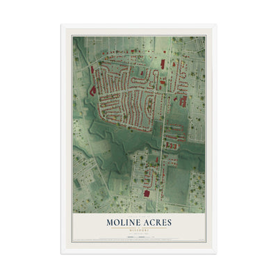 Map of Moline Acres, Missouri, 12 x 18 inch print in a white wood frame