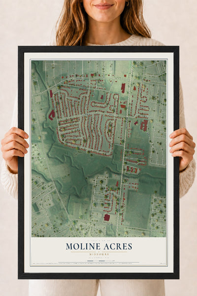 Map of Moline Acres, Missouri, 18 x 24 inch print in a black wood frame