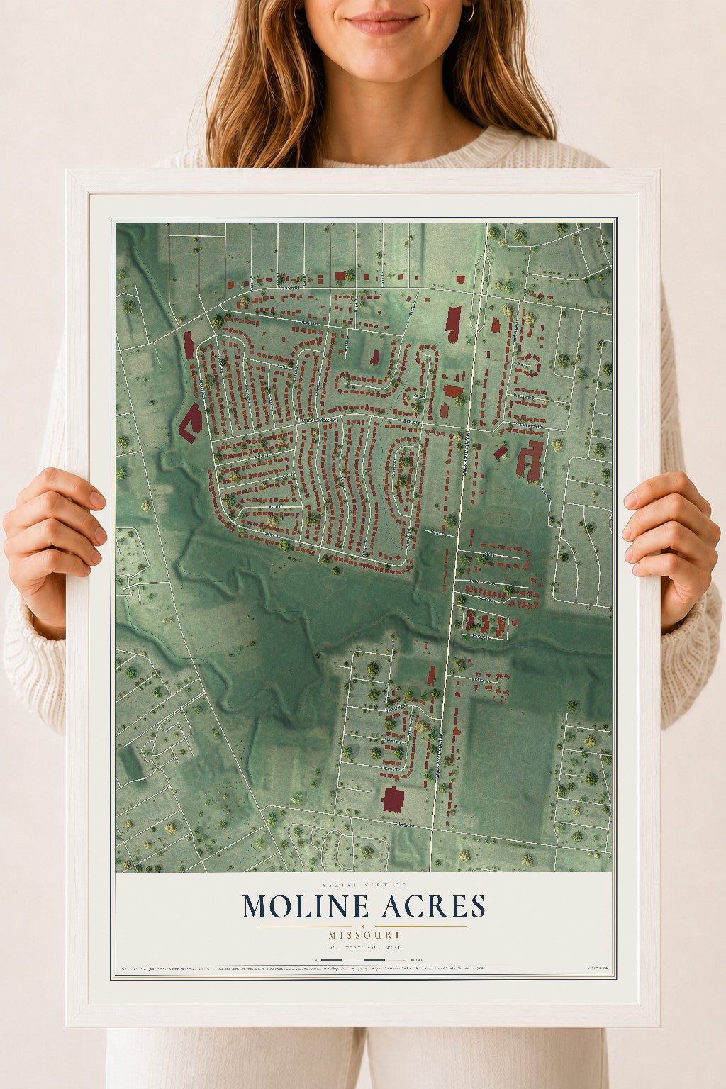 Map of Moline Acres, Missouri, 18 x 24 inch print in a white wood frame