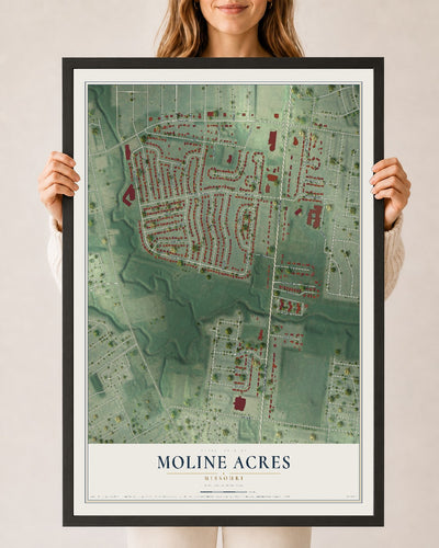 Map of Moline Acres, Missouri, 24 x 36 inch print in a black wood frame