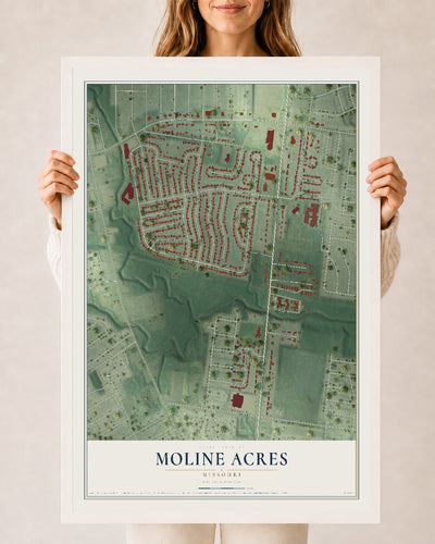 Map of Moline Acres, Missouri, 24 x 36 inch print in a white wood frame