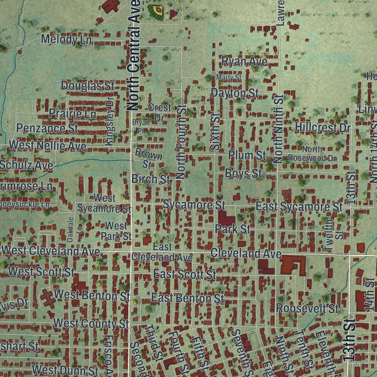 Close-up of the map of Monett, Missouri print showing street and building detail