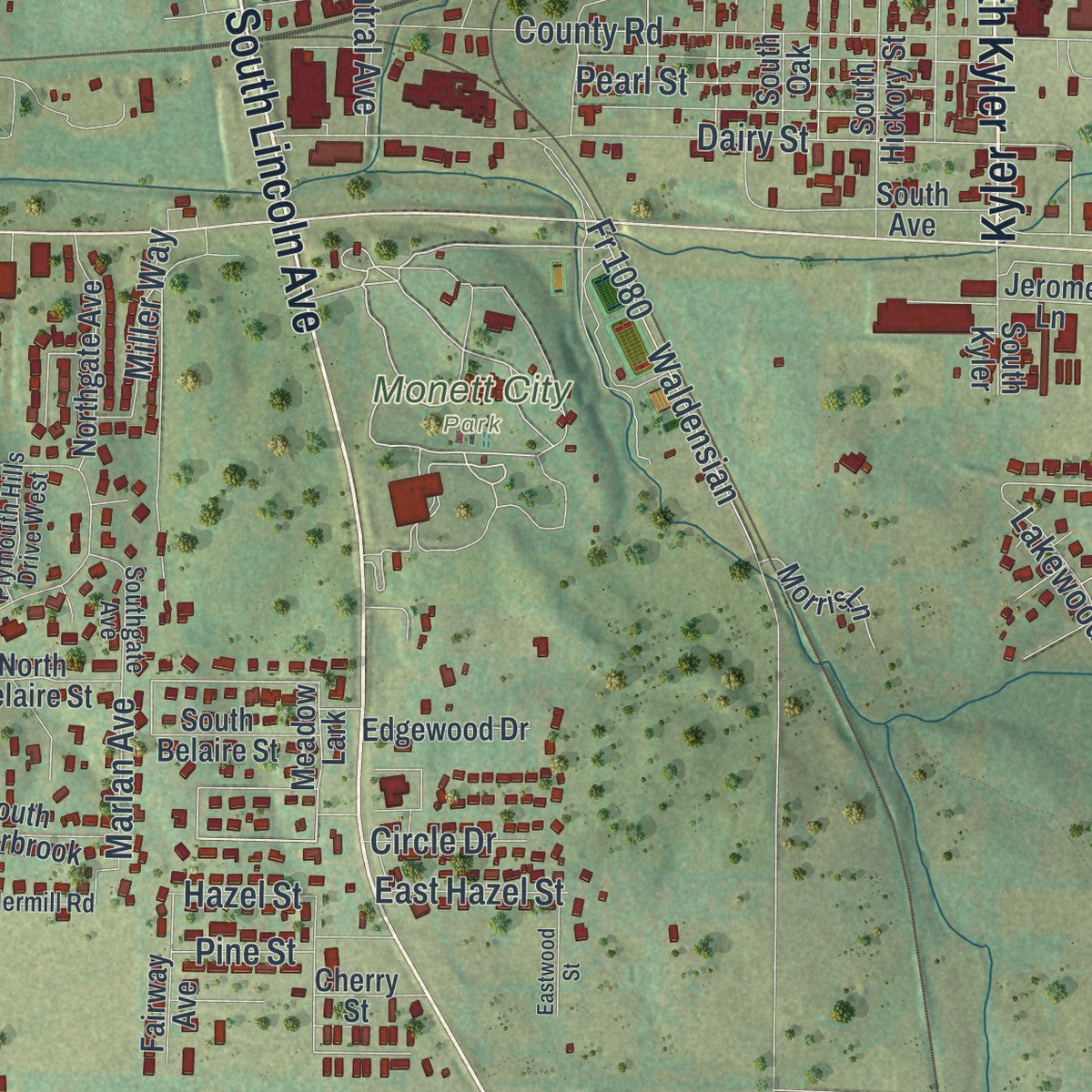 Second close-up of the map of Monett, Missouri print showing more streets and buildings