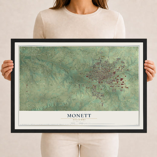 Map of Monett, Missouri, 12 x 18 inch print in a black wood frame
