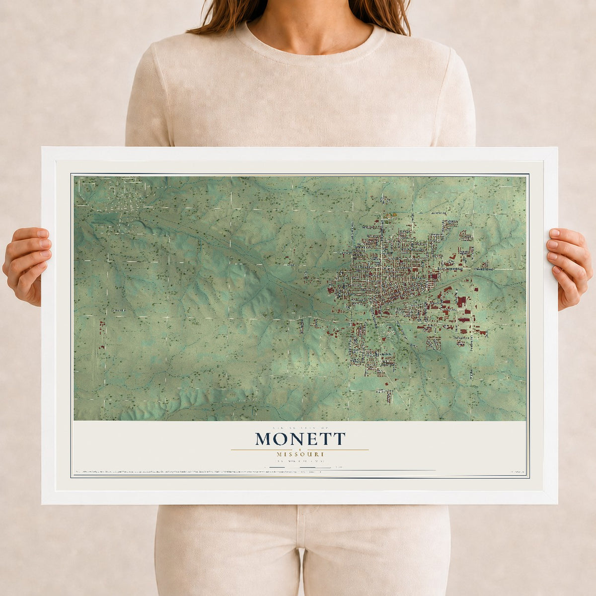 Map of Monett, Missouri, 12 x 18 inch print in a white wood frame