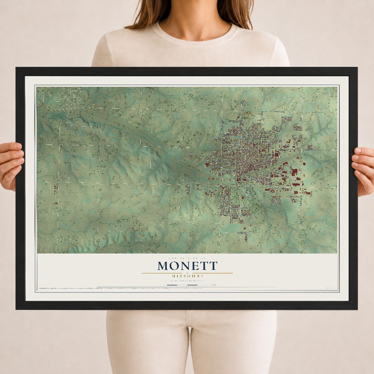 Map of Monett, Missouri, 18 x 24 inch print in a black wood frame