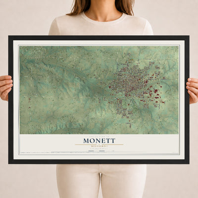 Map of Monett, Missouri, 18 x 24 inch print in a black wood frame